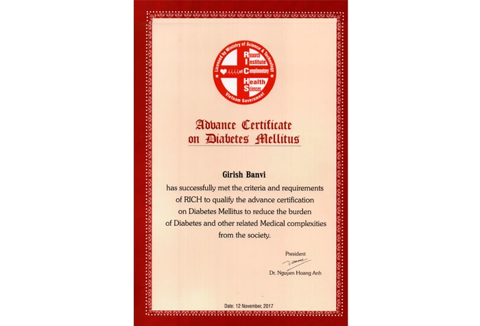 Diabetic Educator by Vietnamse Medical Board Recognition for Girish Banvi